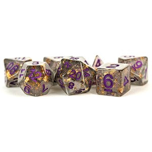 16mm Resin Polyhedral Dice Set: Gray w/ Gold Foil, Purple Numbers