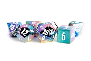 16mm Aluminum Plated Acrylic Poly Dice Set: Rainbow Aegis w/ White Numbers