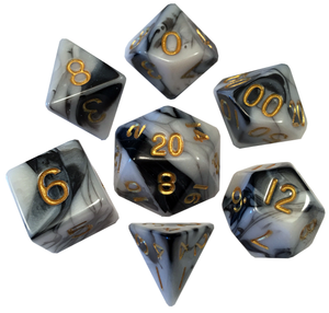16mm Acrylic Polyhedral Dice Set: Marble w/ Gold Numbers