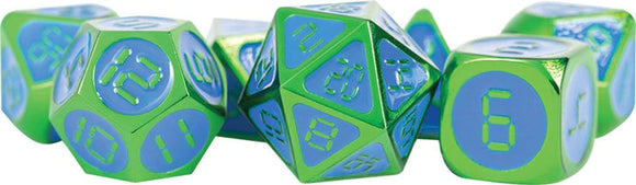 16mm Metal Polyhedral Dice Set: Green w/ Blue Enamel