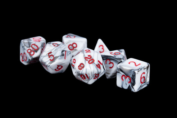 16mm Acrylic Polyhedral Dice Set: Marble w/ Red Numbers